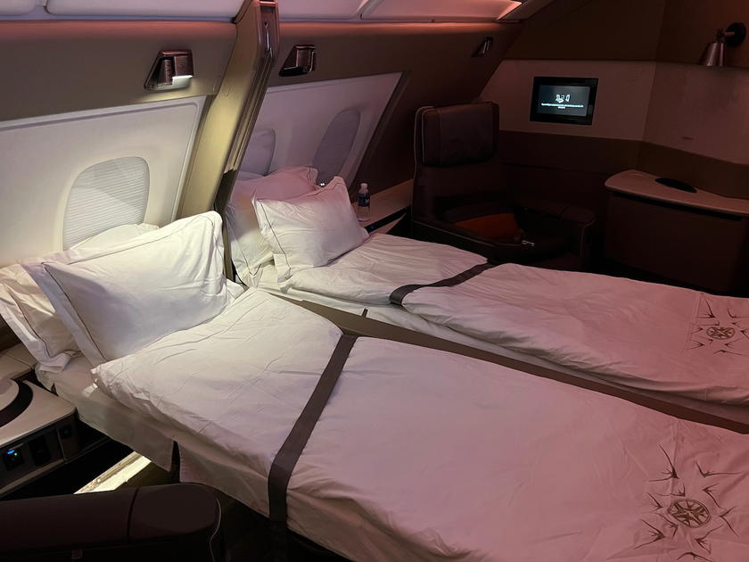 Singapore Airlines A380 Suites first class cabin configured with a double bed