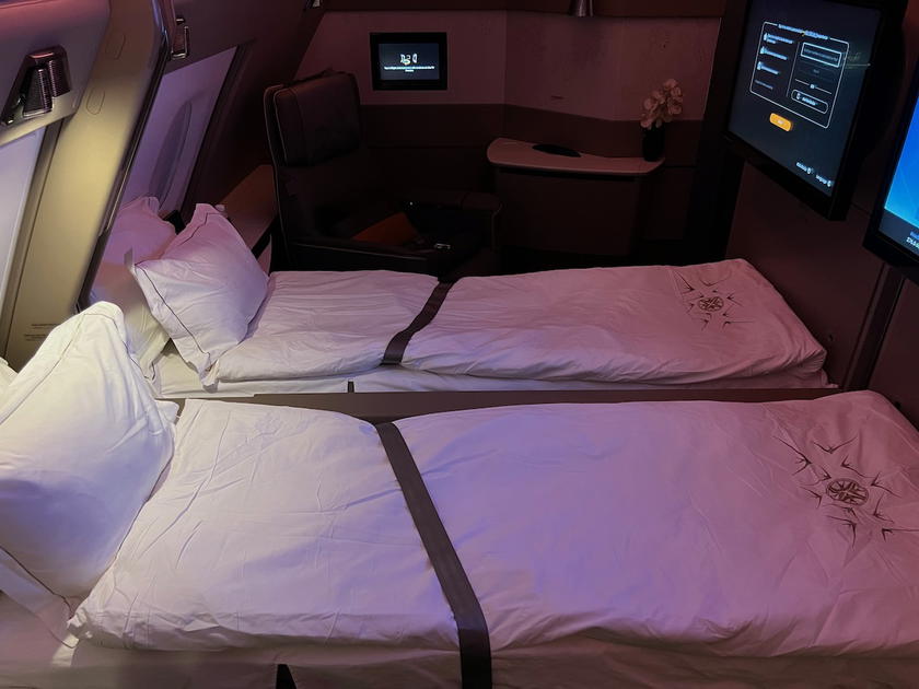 Singapore Airlines A380 Suites cabin with the double bed made up