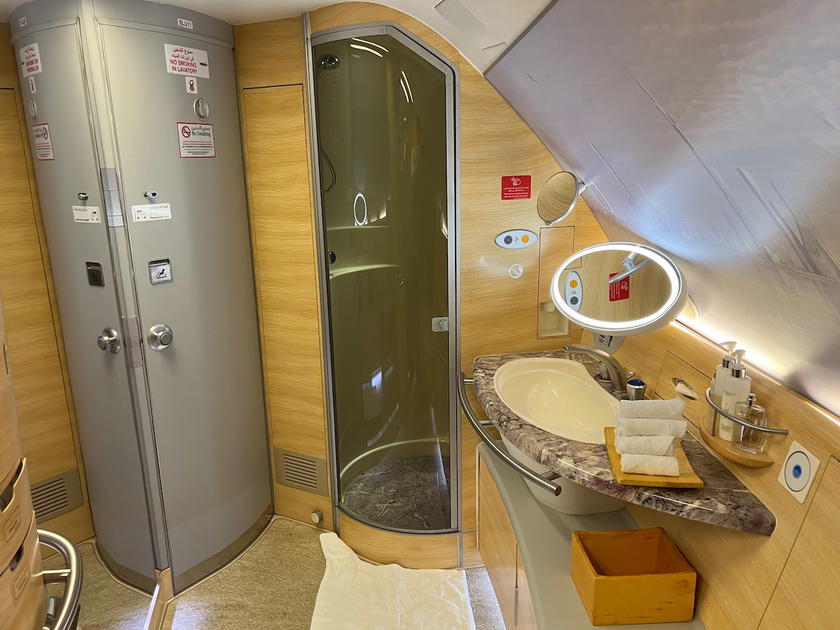 Shower spa bathroom in Emirates first class on an Airbus A380