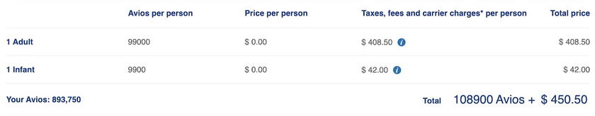 Screenshot showing British Airways Avios infant award ticket cost