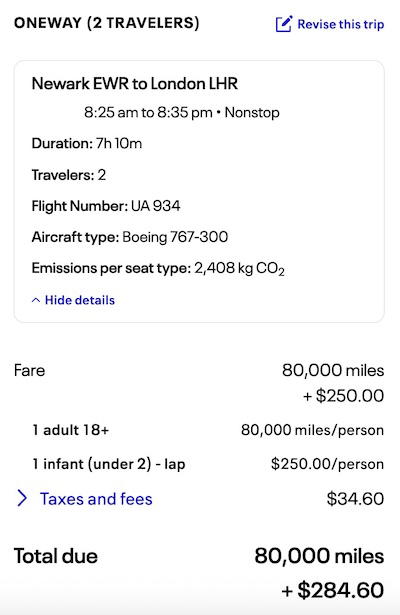 Screenshot showing United MileagePlus infant award ticket cost of $250