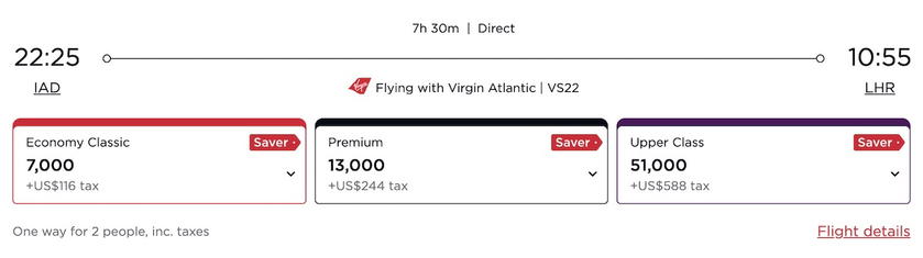 Screenshot showing Virgin Atlantic Flying Club infant award ticket cost