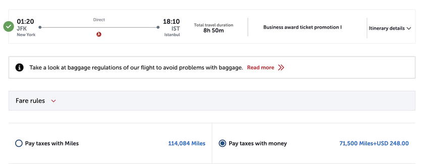 Screenshot showing Turkish Airlines Miles&Smiles infant award ticket cost