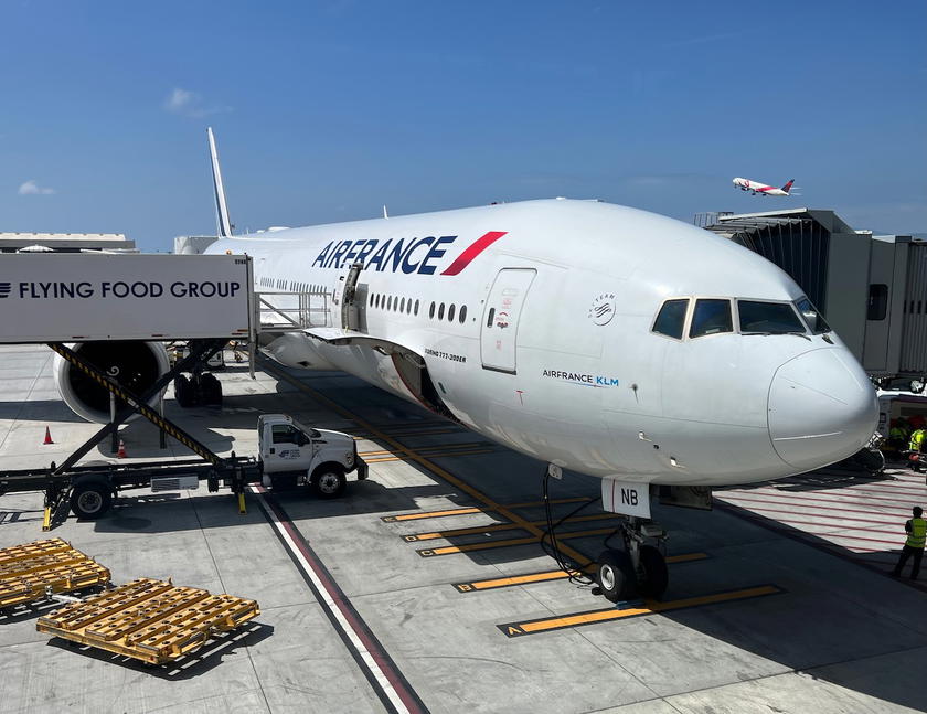 Air France Boeing 777-300ER parked at a gate at Los Angeles airport