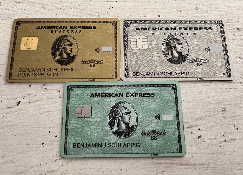 A collection of American Express credit and charge cards laid out together