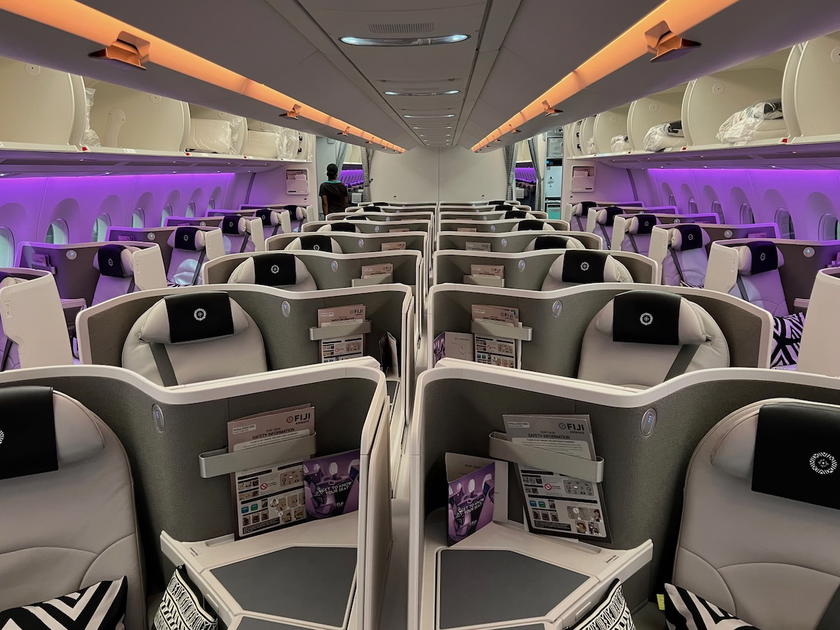 Fiji Airways business class cabin aboard an Airbus A350