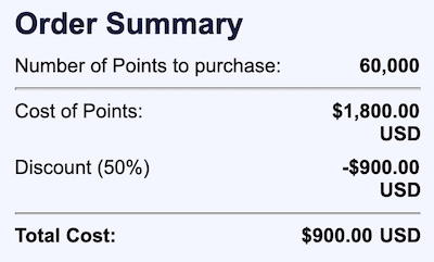 Southwest.com purchase screen showing a 50% discount on buying Rapid Rewards points