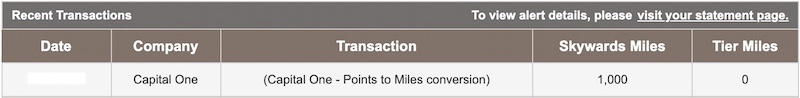 Emirates Skywards account showing miles transferred from Capital One already posted