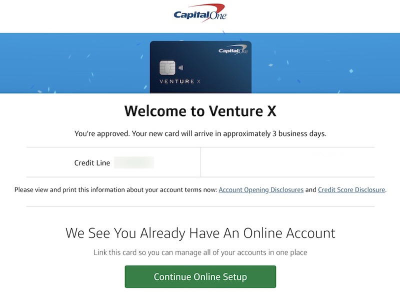 Venture X application confirmation screen showing instant approval