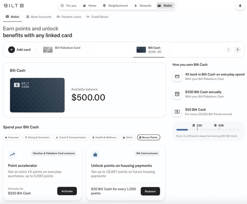 Bilt Cash section of the Bilt app with the option to unlock points on housing payments