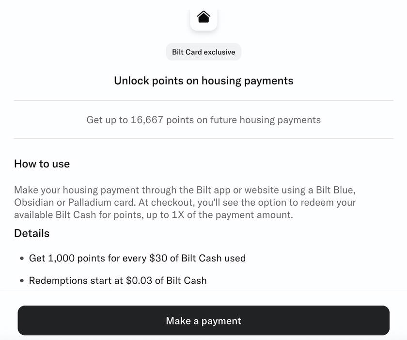 Bilt screen showing 16,667 points available from a $500 Bilt Cash balance, with a Make a Payment button