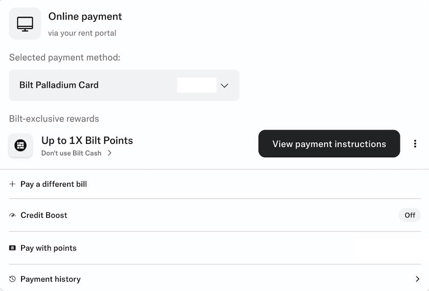Bilt payment settings with the Using available Bilt Cash option selected in green