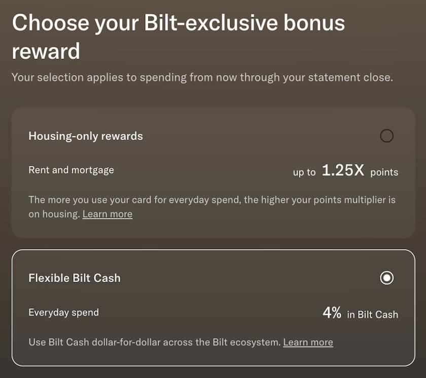 Bilt screen showing the two ways to earn rewards on housing payments: Bilt Cash or housing-only rewards