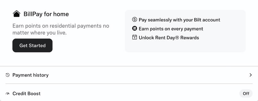 Bilt page with a Get Started button for setting up a housing payment