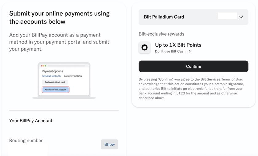 Bilt page showing the routing and account number to enter on the housing payment portal