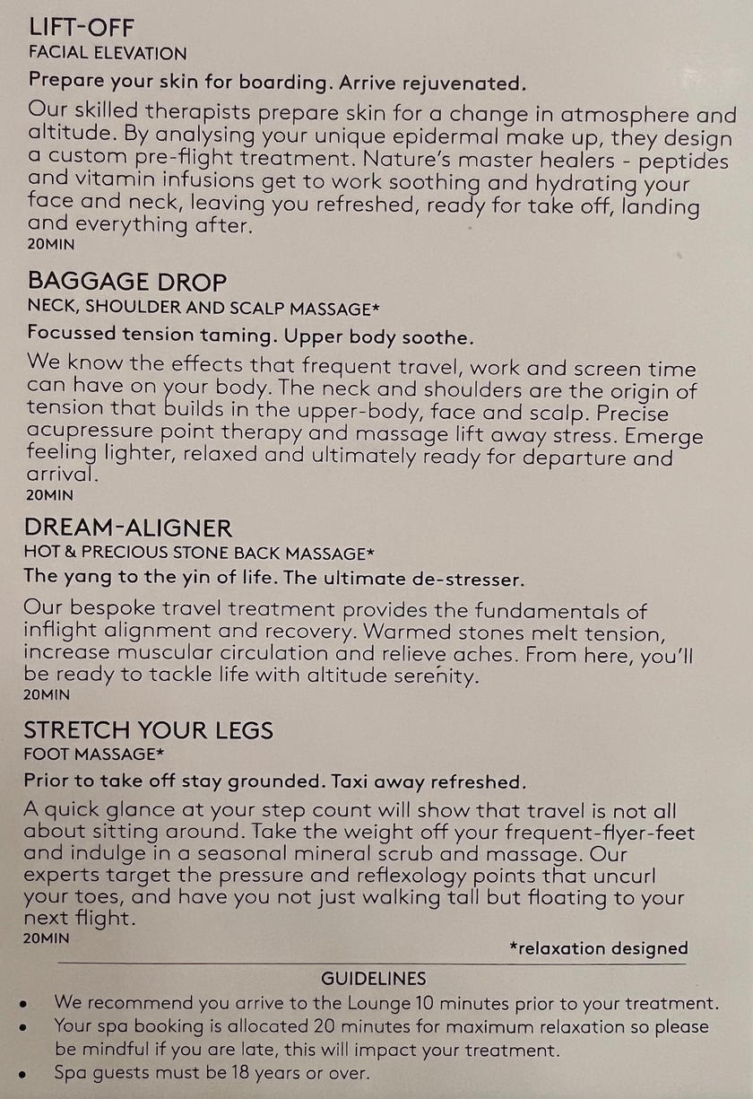 Spa treatment menu at the Qantas First Class Lounge in Sydney
