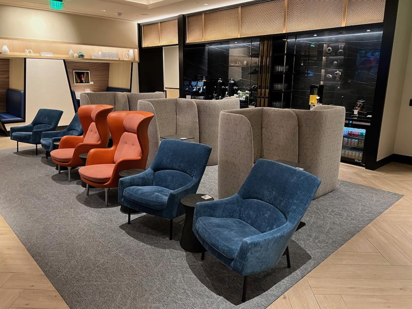 Seating area inside the Chase Sapphire Lounge in Boston