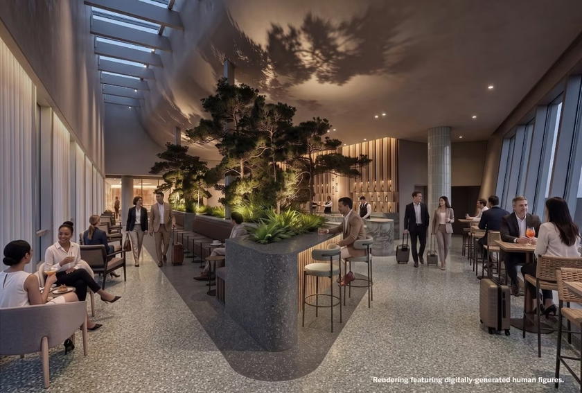 Rendering of the upcoming Amex Centurion Lounge at Newark Airport showing a bar and seating area