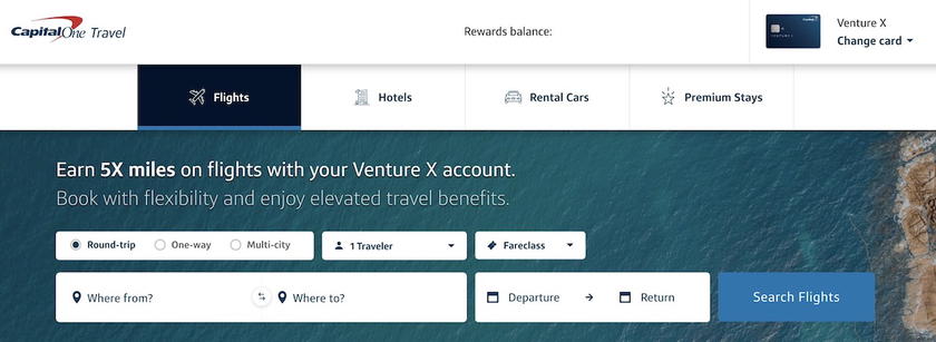 Capital One Travel flight search page with origin, destination, and date fields