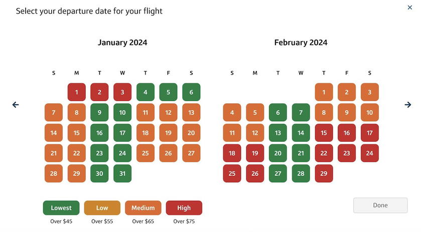 Capital One Travel calendar showing flight prices across several weeks