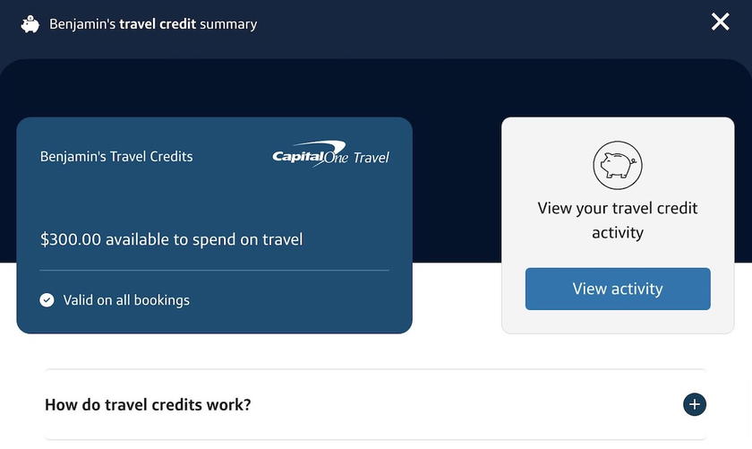 Capital One Travel portal page showing bonus miles earned on travel bookings