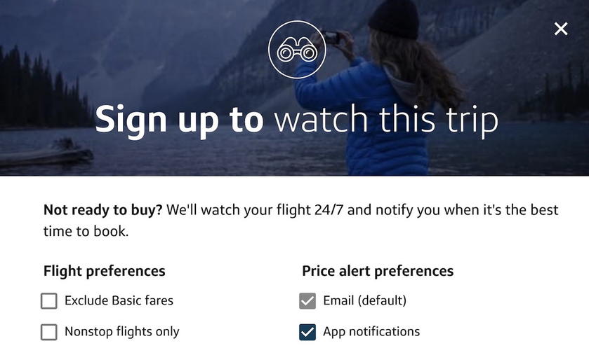 Capital One Travel option to watch a trip and get emailed when it's the best time to book