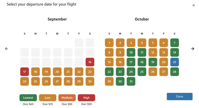 Capital One Travel flight search showing a calendar of dates with the lowest prices