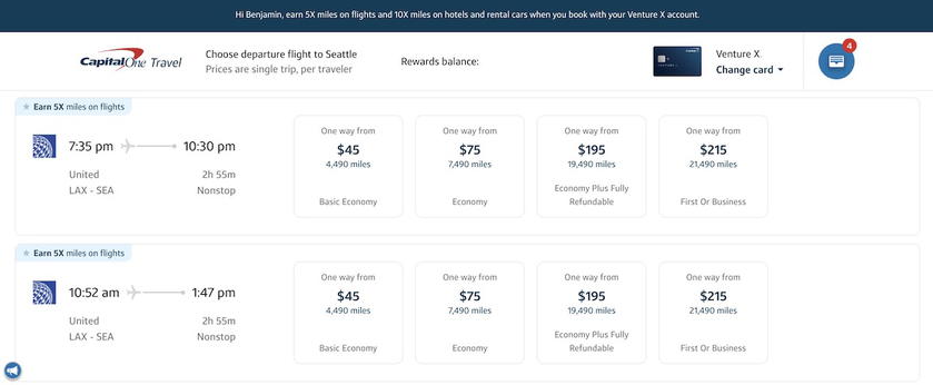 Capital One Travel flight search results with filter options for refining results