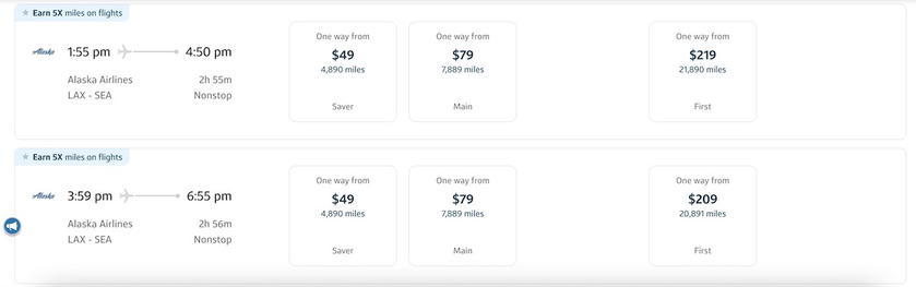 Capital One Travel flight results listing itineraries with times, stops, and prices