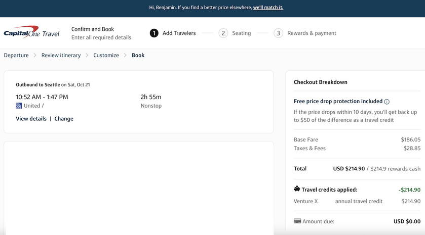 Capital One Travel checkout page with the $300 travel credit automatically applied to the purchase