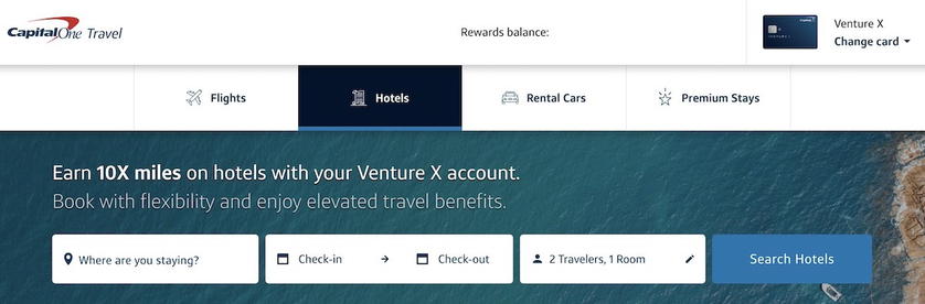 Capital One Travel hotel search page with destination and date fields