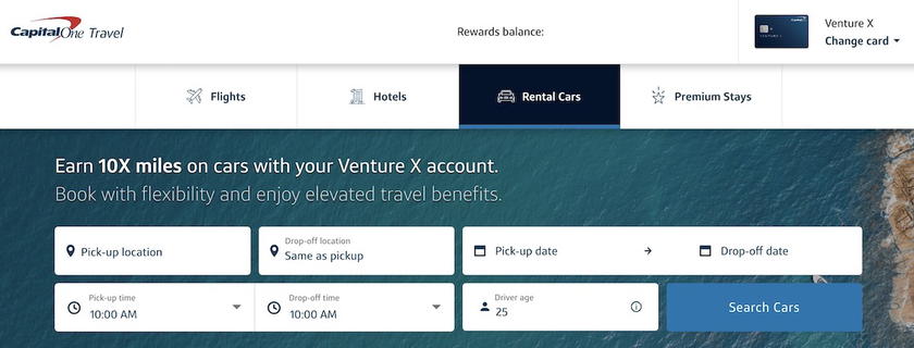 Capital One Travel rental car search page with pickup location and dates
