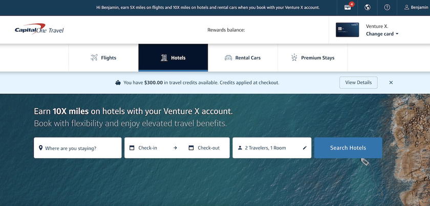 Capital One Travel portal homepage with options to search flights, hotels, and rental cars