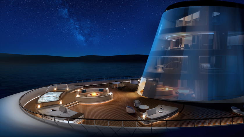 Rendering of the multi-level Funnel Suite aboard Four Seasons Yachts, including a private pool