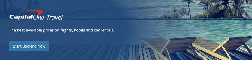 Capital One Travel marketing graphic promoting flight, hotel, and rental car bookings through the portal