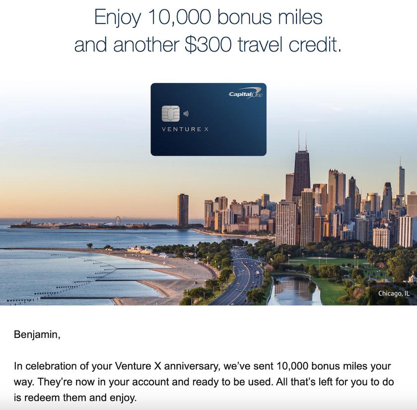 Capital One Venture X 10,000 anniversary bonus miles perk shown in the card's benefits
