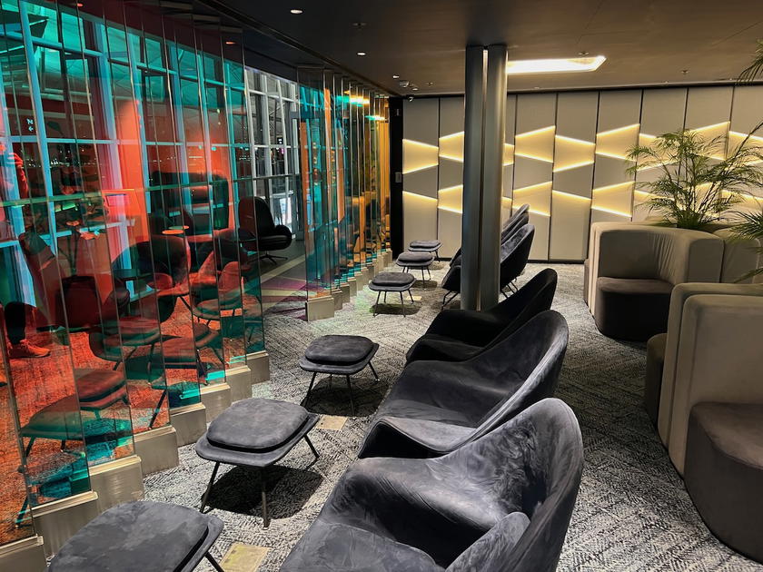 Dining and seating area inside the Chase Sapphire Lounge at Hong Kong airport