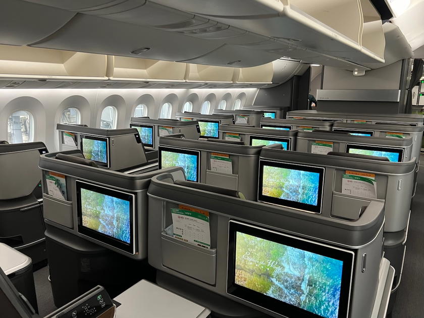 Interior of EVA Air's Boeing 787 business class cabin