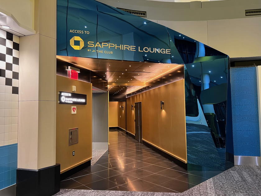 Interior seating area of the Chase Sapphire Lounge at New York's LaGuardia Airport