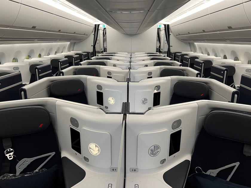 Business class cabin aboard an Air France Airbus A350