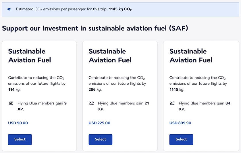 Option to purchase sustainable aviation fuel to earn Flying Blue XPs