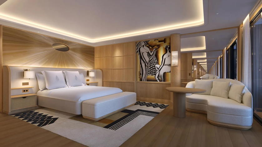 Rendering of a Seaview Suite bedroom and terrace aboard Four Seasons Yachts