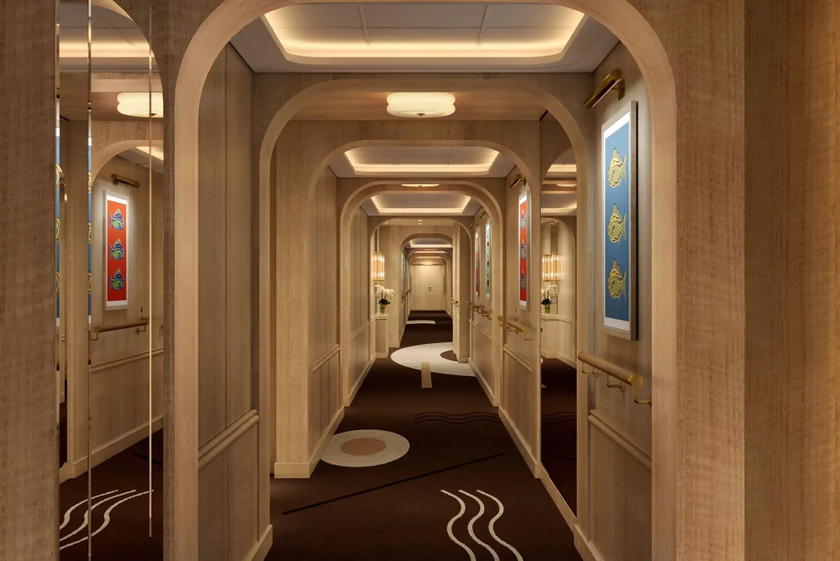 Rendering of a guest suite hallway aboard Four Seasons Yachts