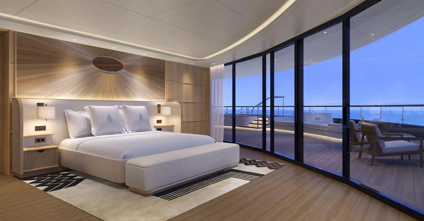The master suite aboard a Four Seasons Yachts ship