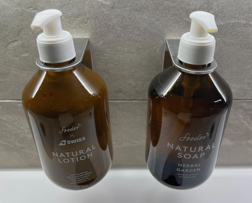 Toiletries from Soeder provided in the SWISS First Lounge Zurich restroom