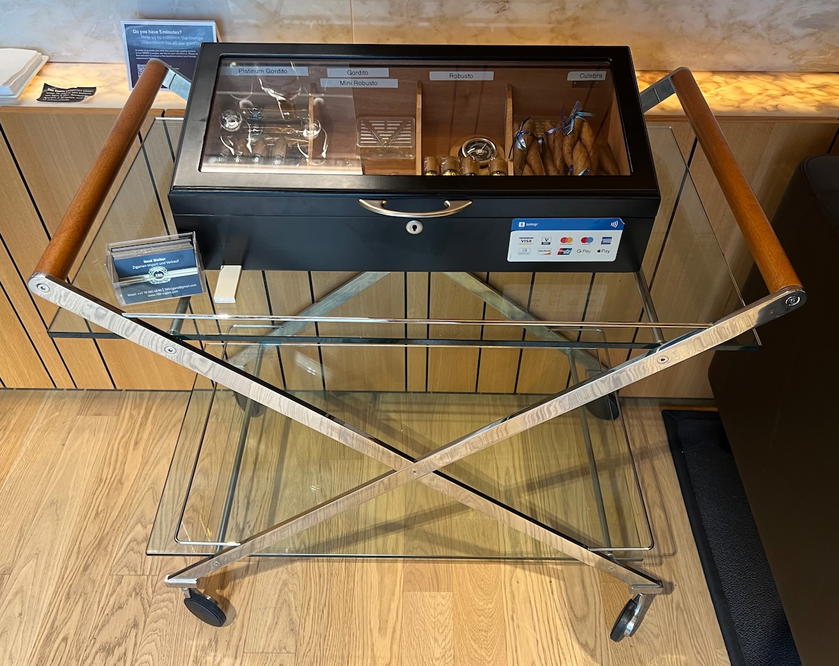 Cigars displayed for purchase in the SWISS First Lounge Zurich smoking room