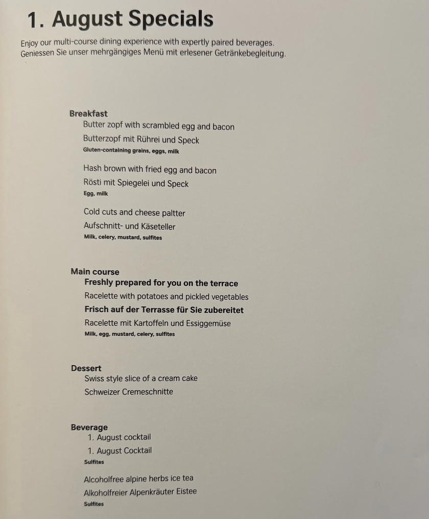 First page of the SWISS First Lounge Zurich breakfast menu