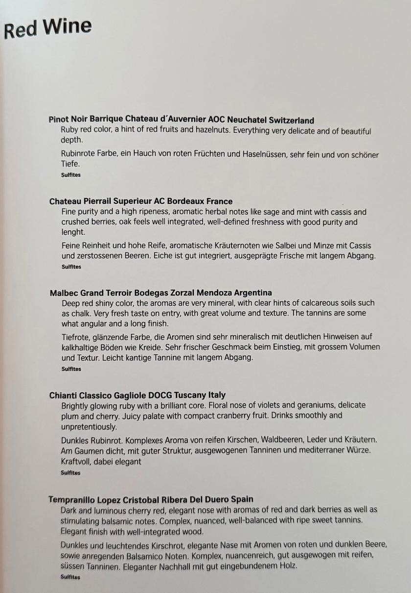 Third page of the SWISS First Lounge Zurich drink list