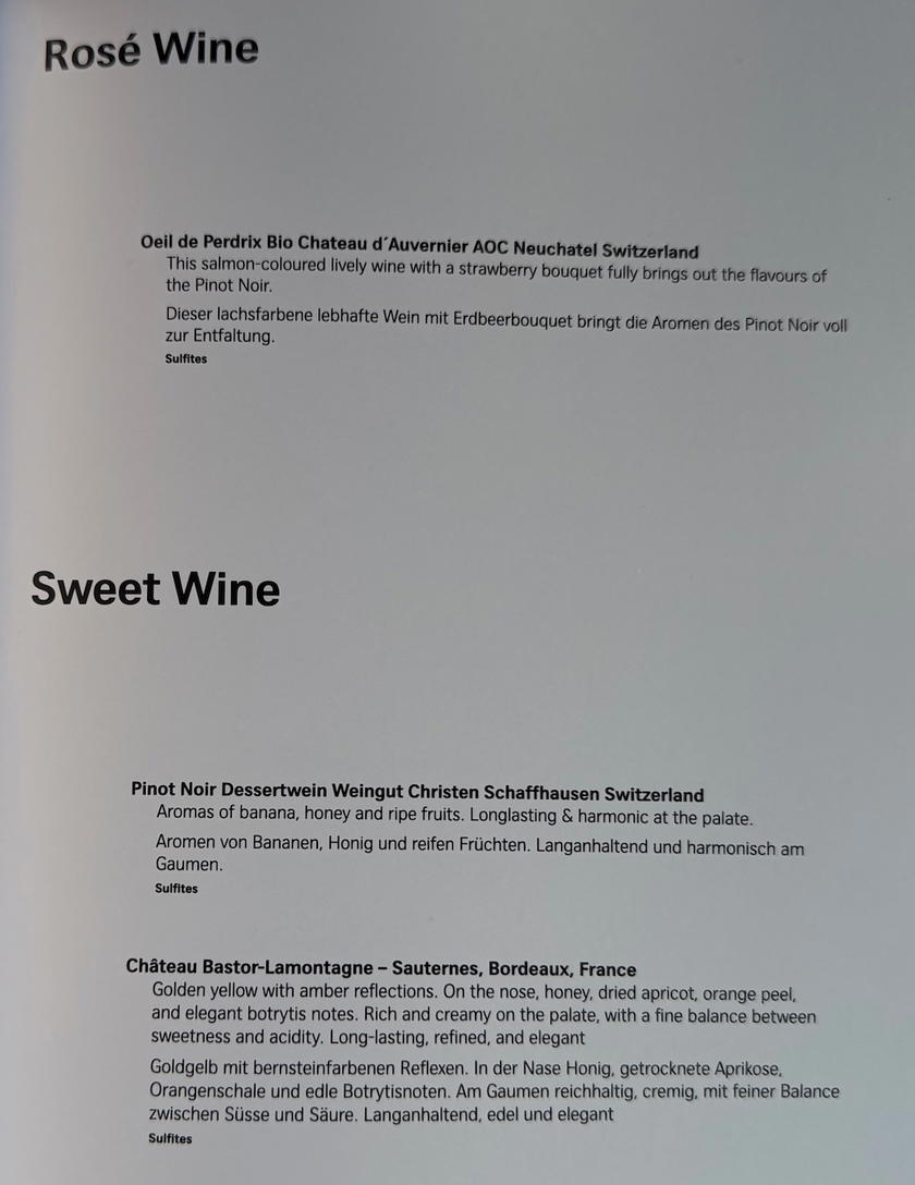 Fourth page of the SWISS First Lounge Zurich drink list