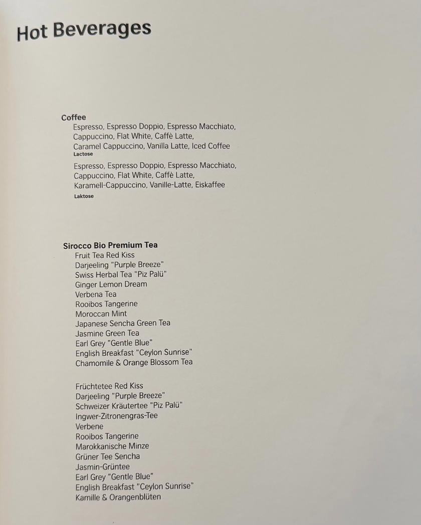 First page of the SWISS First Lounge Zurich drink list
